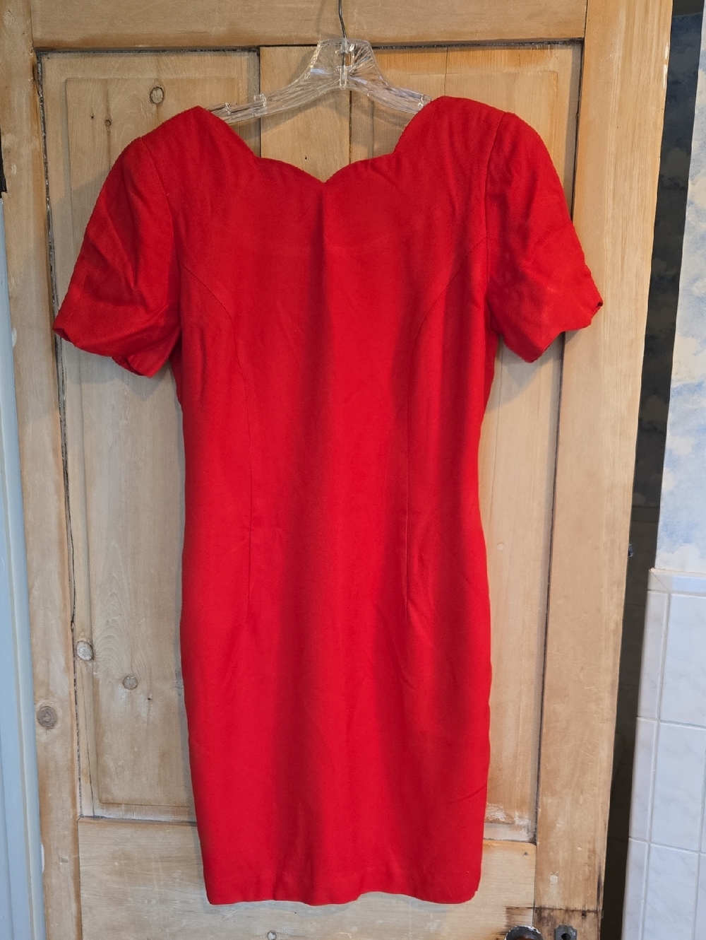 Red Short Sleeve Sheath Dress Sweetheart Neckline.